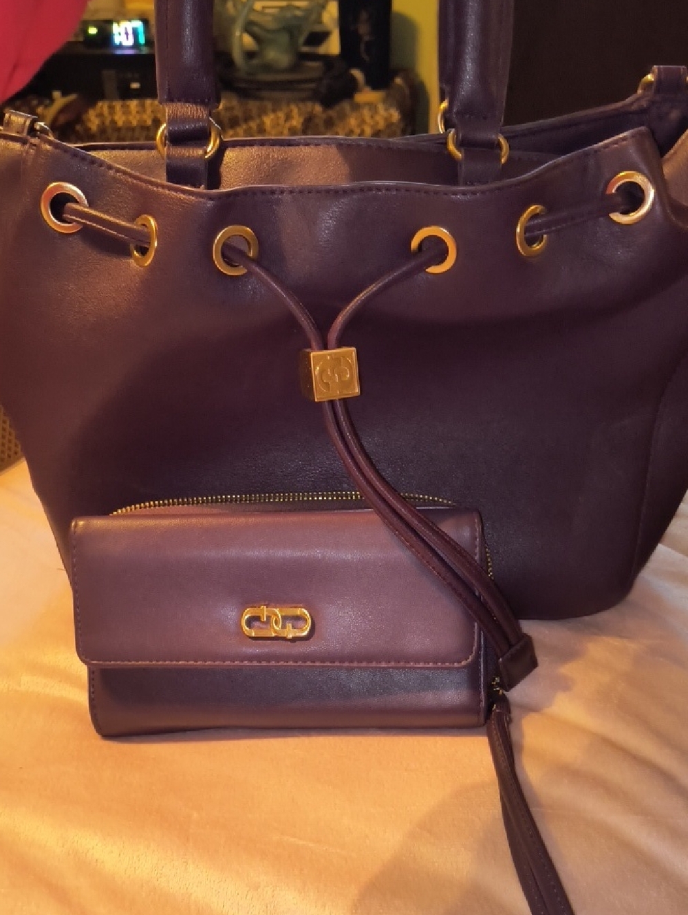 Classic Purple Leather Tote with Gold Accents